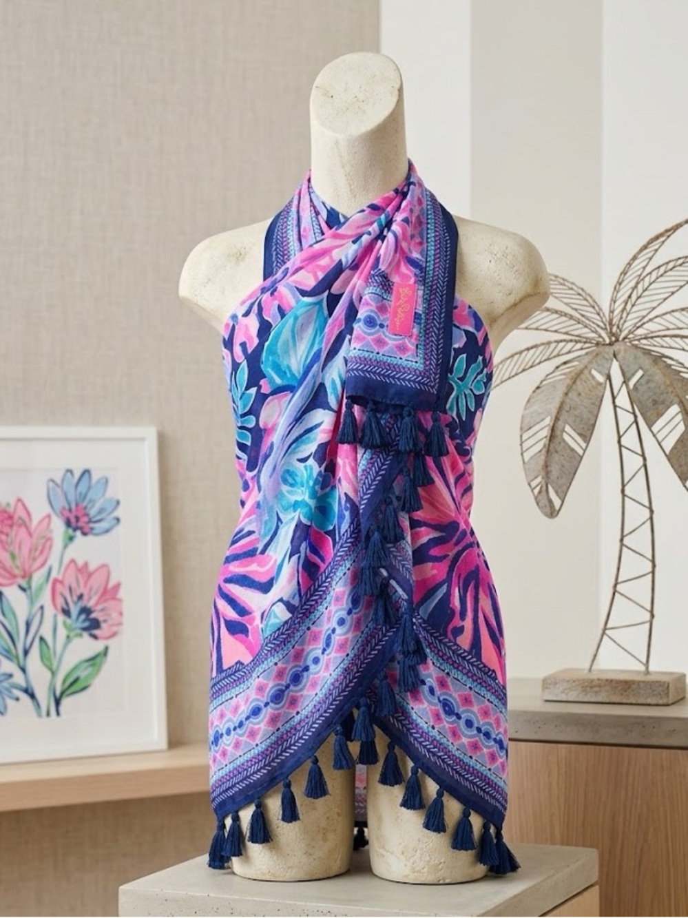 Lilly Pulitzer Pink, Navy & Aqua Printed Tassel Wrap